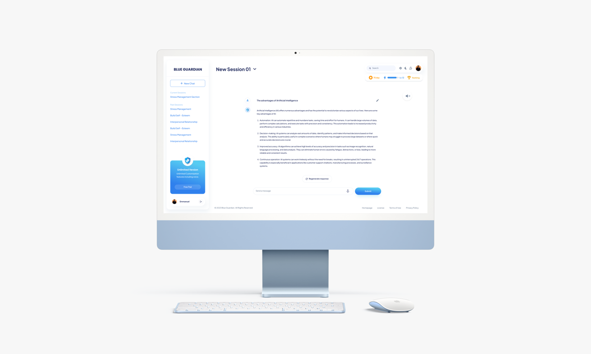 Blue Guardian product interface on desktop