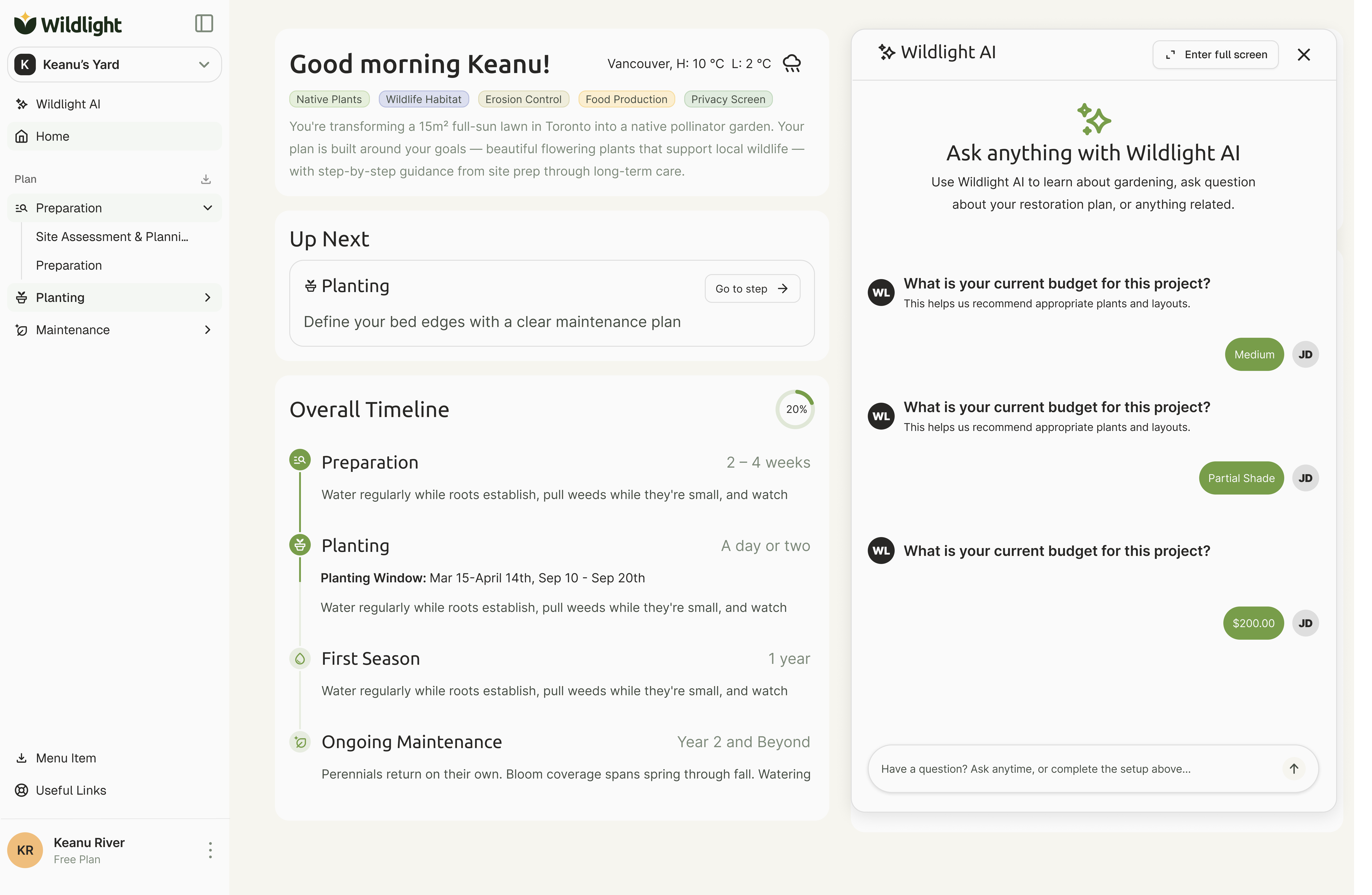 Wildlight plan page with the embedded AI chat panel